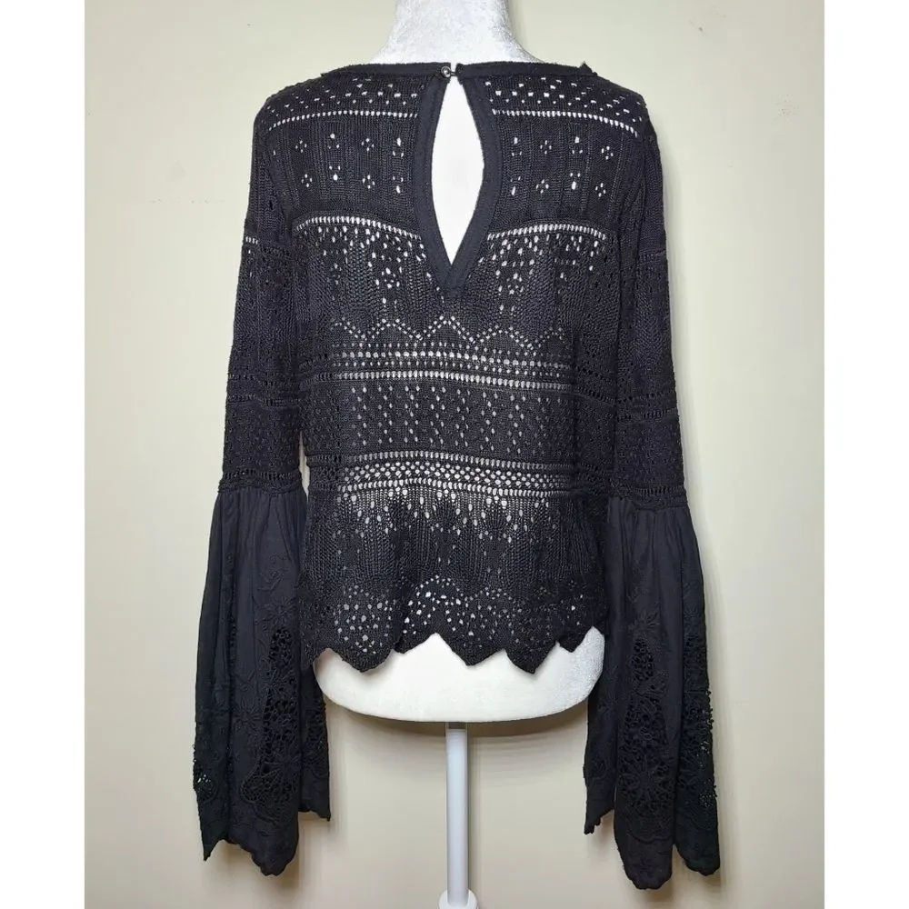 Free People|Once Upon-A-Time Black Bell Sleeve Lace Top, XS